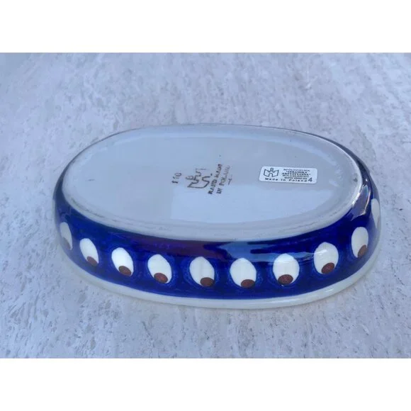 Polish Pottery Oval Dish Sm. Casserole 8"x5" Blue Peacock Eye Pattern Handmade - Picture 4 of 9